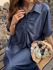 Vivie Lora Women's Loose Fit A-Line Midi Dress With Shirt Collar And Half-Placket - Blue - View 2