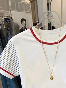 Resyla Women's Heart Striped Round Neck Short Sleeve Casual Versatile T-Shirt - White - View 3