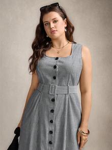 Zelara 大码女式条纹方领单排扣无袖中长连衣裙 - 藏蓝色 - 查看 4