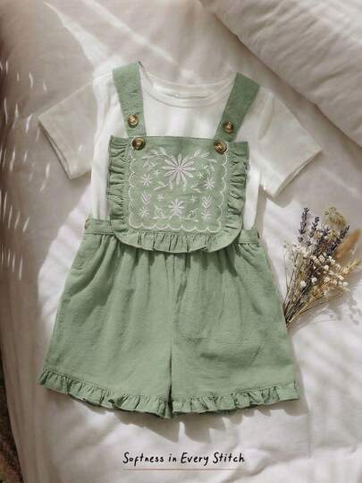 Cozy Pixies Baby Girl Floral Embroidery Strap Romper Shorts, Versatile & Comfortable