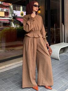 DAZY Women's Elegant Textured Shirt And Wide Leg Pants 2 Pieces Set, Spring/Summer - Coffee Brown - View 6