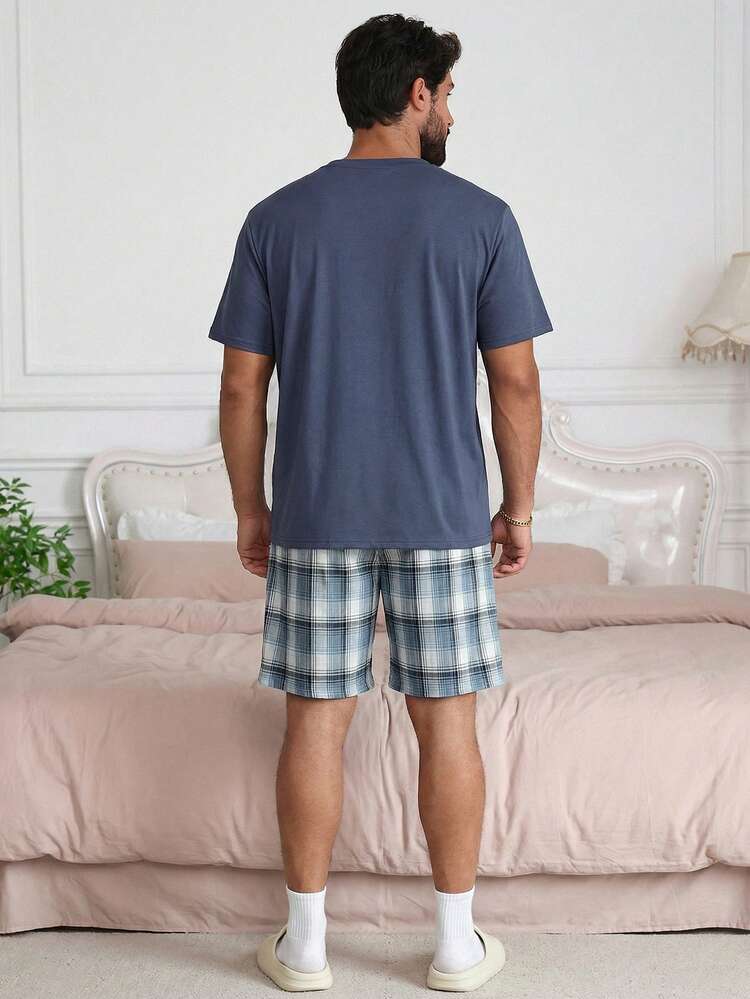 Men's Solid Color Short Sleeve T-Shirt And Shorts Pajama Set, Summer