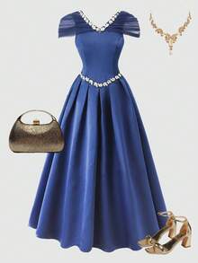 Pitira 少女藏蓝色纯色网纱拼接水钻装饰腰部修身A字连衣裙，适合晚宴、婚礼等场合 - 寶藍色 - 查看 7