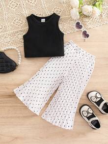 SHEIN Elegant & Cute Black Knit Camisole Top And Polka Dot Pleated Long Pants Set, Summer Top Set Of 2 Pieces, Black Textured Top With Classic Polka Dot Pleated Pants Suitable For Summer, Sports, Fitness, Casual Outings, And Social Events Baby Girl Summer Outfit Baby Girl Clothes 3t Summer Clothes Girl Sportswear Girls Summer Outfit Summer Clothes Girl Sportswear 3 Year Old Streetwear Girl - Multicolor - View 2
