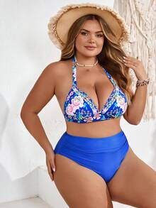 SHEIN CURVE+ Bộ bikini cỡ lớn mùa hè in họa tiết ngẫu nhiên gồm áo ngực và quần, kiểu dáng thon gọn và tối giản cho kỳ nghỉ hè và đi biển, trang phục đi nghỉ mát cho nữ, trang phục đi biển cho nữ, đồ bơi cỡ lớn. - Màu xanh lam - Xem 3