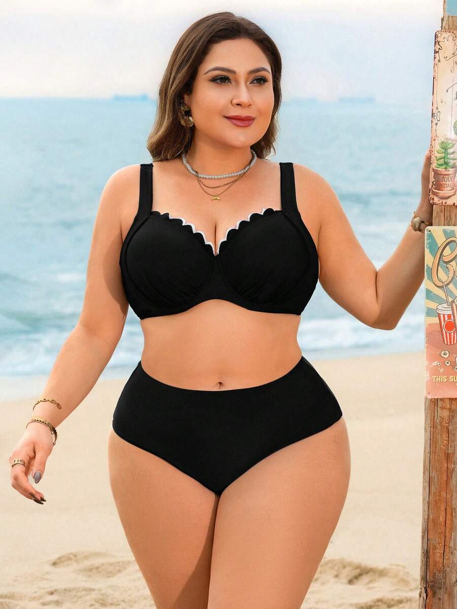 Swim Lushoire Áo bikini đi nghỉ mát cỡ lớn dành cho nữ, có gọng nâng ngực, kiểu dáng tối giản và thanh lịch theo phong cách châu Âu. - màu đen - Xem 1