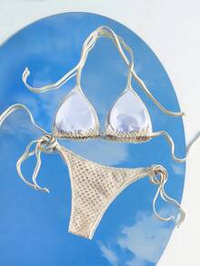 Swim SXY Maiô Duas Peças Tipo Tankini para Mulheres, Maiô Bikini Sexy de Alça Sem Costas - Caqui - Visão 2