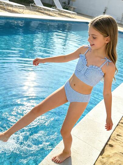 SHEIN Girls' Minimalist Striped Ruffle Trim Camisole Bikini Top Teen Girl Two Piece Set Baiting Suit Two Piece Swimsuits For Teenagers Beachwear High Waisted Girls, Beach Swimwear For Kids, Summer Vacation, Pool Party