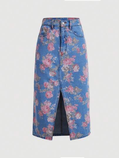 SHEIN MOD Women's Vintage Light Pink Rose,Denim A-Line Skirt, Denim Skirt,Sweet Tea Length With Rose Print,Back To School Outfits,Festival Outfits,Festival Clothes,Summer ,Teacher Clothes,Women Vintage Clothes,Long Floral Skirt