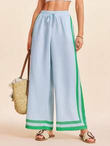 Coeurva 女士休闲优雅日常条纹印花长裤，蓝色女士长裤，春夏款 - 藍色 - 查看 7