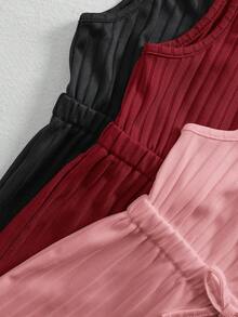 女婴休闲纯色针织吊带背心和短裤连体衣三件套 - 彩色 - 查看 4