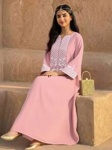 Teen Girl Casual Vacation Retro Print V-Neck Flare Long Sleeve Robe Robe, Pink - Pink - View 1