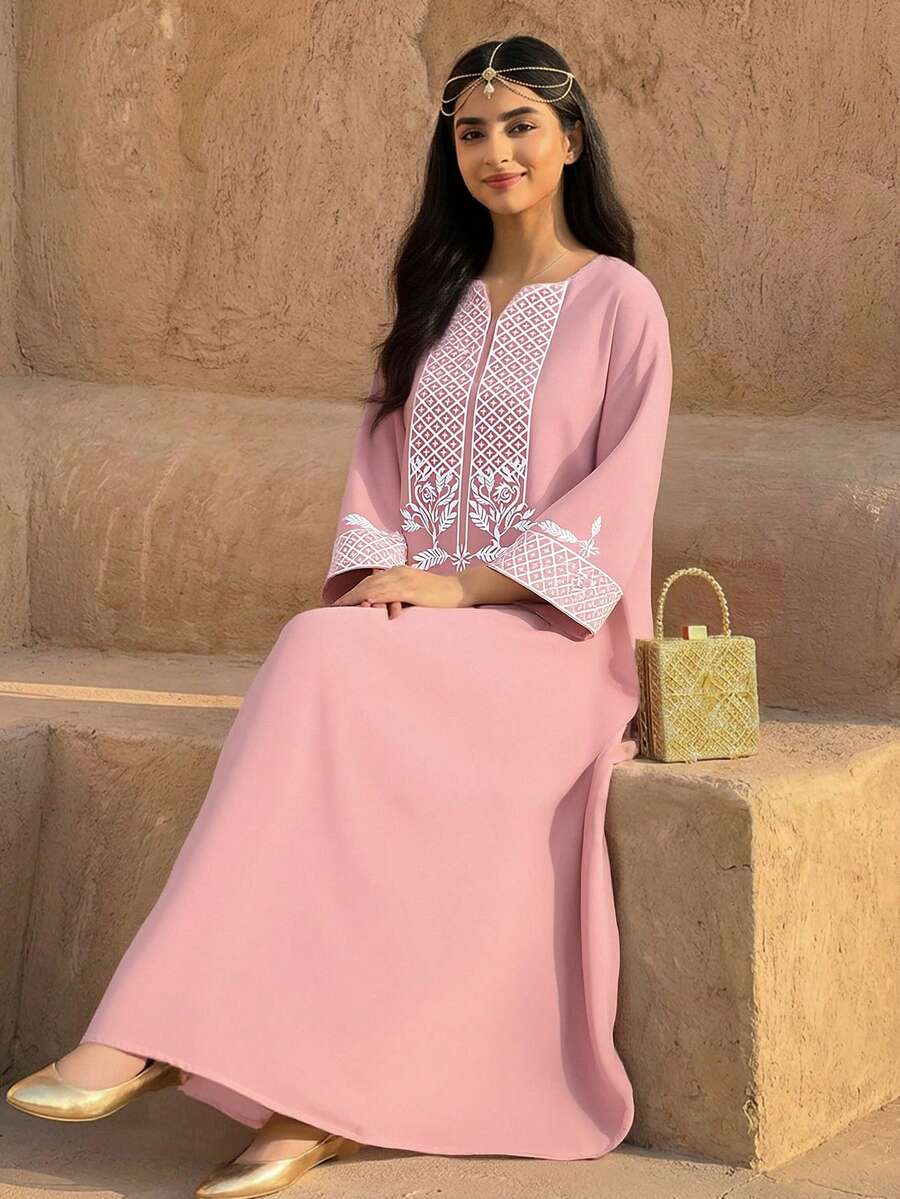 Teen Girl Casual Vacation Retro Print V-Neck Flare Long Sleeve Robe Robe, Pink - Pink - View 1