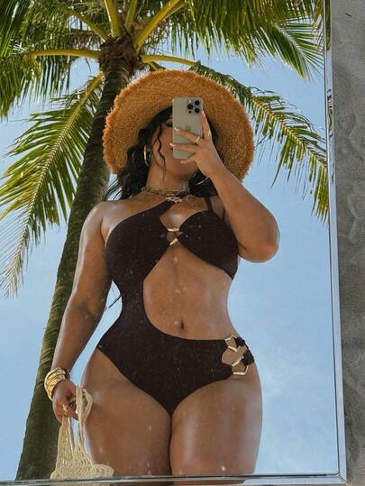 Swim SXY Plus Size Women's Solid Brown Knit One-Piece Swimsuit, Casual Oblique Collar Strap Design, Suitable For Vacation