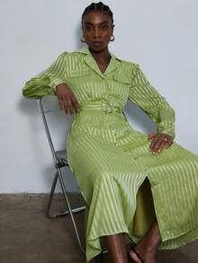 Aveloria Modichic Commuter Style Collared Minimalist Striped Satin Long Sleeve Dress - Green - View 6
