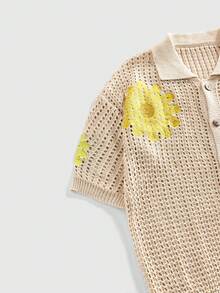 ROMWE MEN Men's Summer Vacation Style Hollow Sunflower Short Sleeve Cardigan Knit Sweater - Apricot - View 4