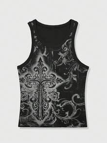 ROMWE MEN Men's Y2K Fashion Street Punk Style Cross & Plant Print Tank Top, Summer - Black - View 1