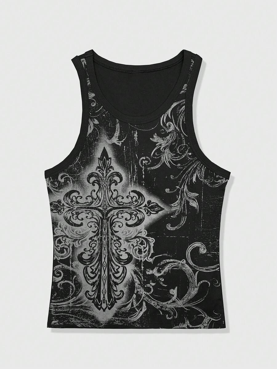 ROMWE MEN Men's Y2K Fashion Street Punk Style Cross & Plant Print Tank Top, Summer - Black - View 1
