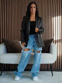 SAYEHFBABY 青果領單釦PU皮革西裝外套 - 黑色 - 查看 1