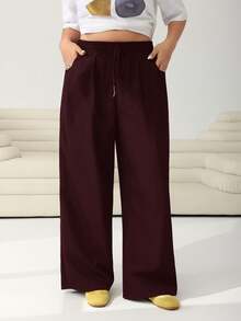Solflare Wine Red Plus Size Women's Drawstring Waist Wide Leg Loose Pants, Autumn/Winter/Spring - Burgundy - View 4