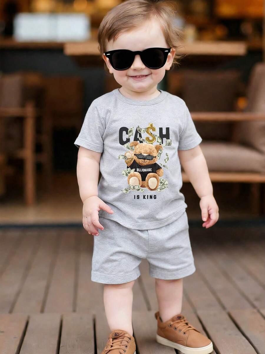 SHEIN Playful Pals 男婴两件套服装，可爱小熊印花短袖T恤搭配简约短裤，适合夏季外出穿着 - 灰色 - 查看 1