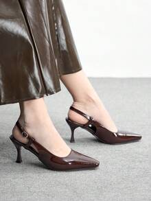 CUCCOO BIZCHIC Giày sandal nữ mũi nhọn gót nhọn bằng da PU, thiết kế tối giản thời trang, thoải mái cho sử dụng hàng ngày, dự tiệc và các sự kiện. - màu nâu - Xem 3