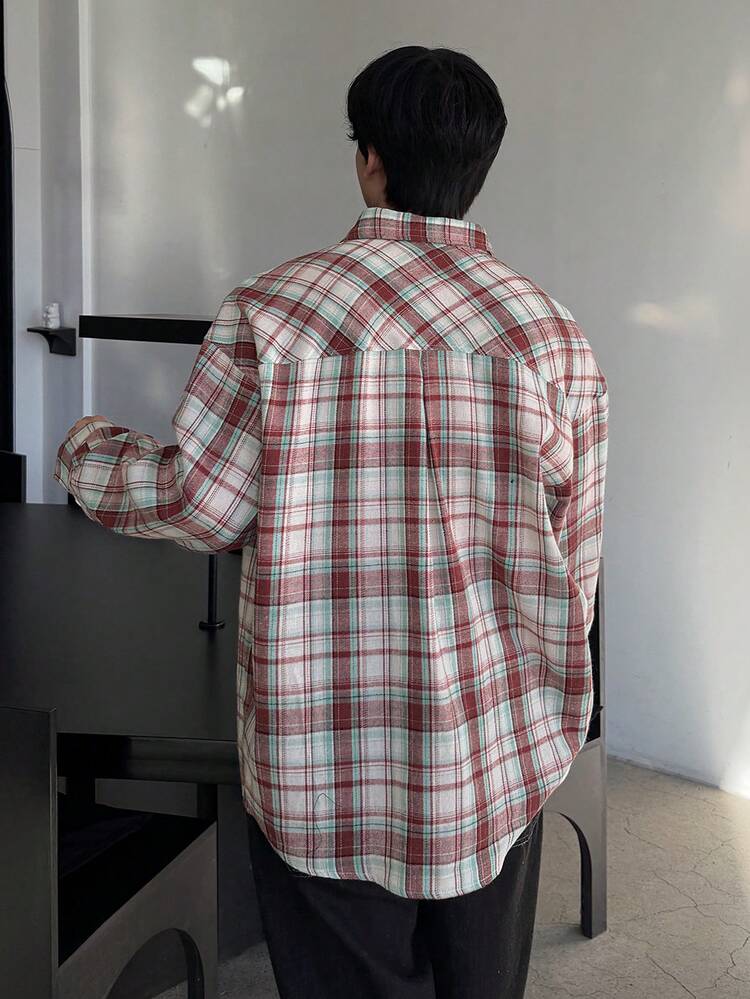 Men's Plaid Multi-Color Long Sleeve Single-Breasted Pocket Shirt, Suitable For Spring And Autumn