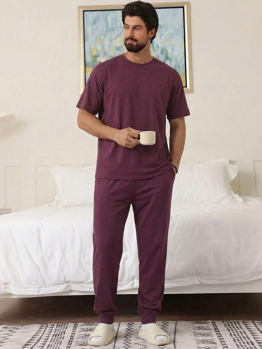 DAZY Men's Purple Short Sleeve T-Shirt And Pants Pajama Set, Spring/Summer - Purple - View 1
