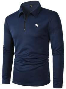 Manfinity Homme 男士长袖拉链刺绣领 Polo 衫，适合居家、外出和聚会穿着 - 寶藍色 - 查看 5