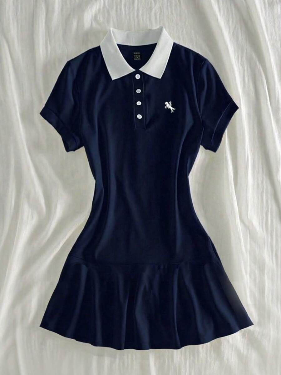 Attitoon Polo领连衣裙，复古风，休闲时尚，撞色拼接，女士迷你连衣裙 - 藏蓝色 - 查看 1