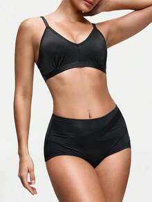 SHAPORA 1pc Black Shiny Fabric Wireless Minimizer Bra With Lift And Side Support For Small Bust Women - Black - View 3