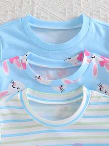 SHEIN Vintaside Kids 6件套女婴新生儿幼儿0-3岁春夏新款可爱兔子纯色条纹T恤短裤套装 - 藍色 - 查看 7