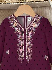 SHEIN Purple Floral Kids Jalabiya, Elegant Vintage Floral Embroidered, Baby Girl Casual Minimalist Traditional Long Sleeve Arabic Dress Suitable For Spring/Summer, Elegant Modest Long Sleeve Dress, Prayer Abaya, Easy Comfort, Casual Wear, Vacay Vibes, Modest Kaftan, Kids Jalabiya, Baby Girl Jalabiya - White - View 8