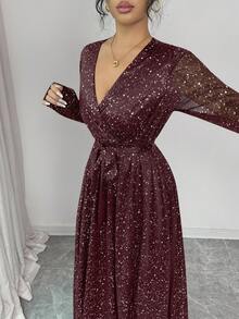 Rafferiza Sequin Embellished Long Sleeve Party Dress - Maroon - View 6