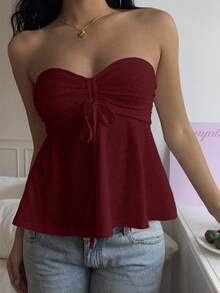 CovetEZ 酒红色针织可爱系带抹胸上衣 - 酒紅色 - 查看 5
