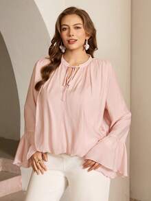 Roveilla 大码女式春夏法式浪漫西西里优雅休闲通勤度假下午茶派对纯色圆领V领蝴蝶结褶皱下摆荷叶袖长袖衬衫 - 淺粉色 - 查看 3