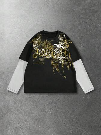 Goth Men's Casual Fashionable Street Slogan Print Contrast Color Long Sleeve Faux Two Pieces T-Shirt, Spring/Autumn