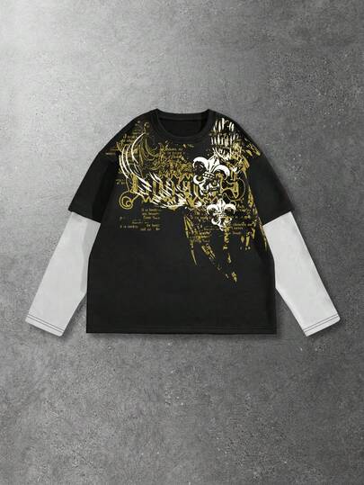 Goth Men's Casual Fashionable Street Slogan Print Contrast Color Long Sleeve Faux Two Pieces T-Shirt, Spring/Autumn