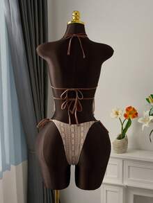 Bellisia 女士花卉蕾丝网纱串珠露背撞色系带吊带背心式泳衣套装，适合春夏度假穿着 - 咖啡棕 - 查看 2