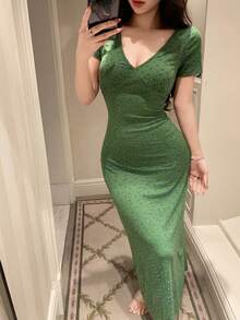 DAZY V領碎花修身夏季睡裙，女款睡衣連身裙睡衣 - 綠色 - 查看 5