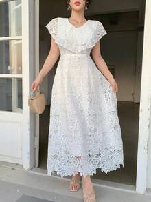 DAZY 女士优雅蕾丝领无袖长裙，夏季婚礼宾客礼服 - 白色 - 查看 7