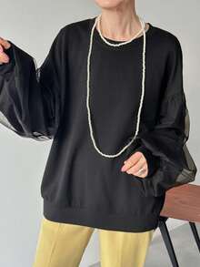 FRIFUL Women's Lightweight Sheer Mesh Patchwork Lantern Sleeve Loose Casual T-Shirt, Black, Spring/Summer - Black - View 5