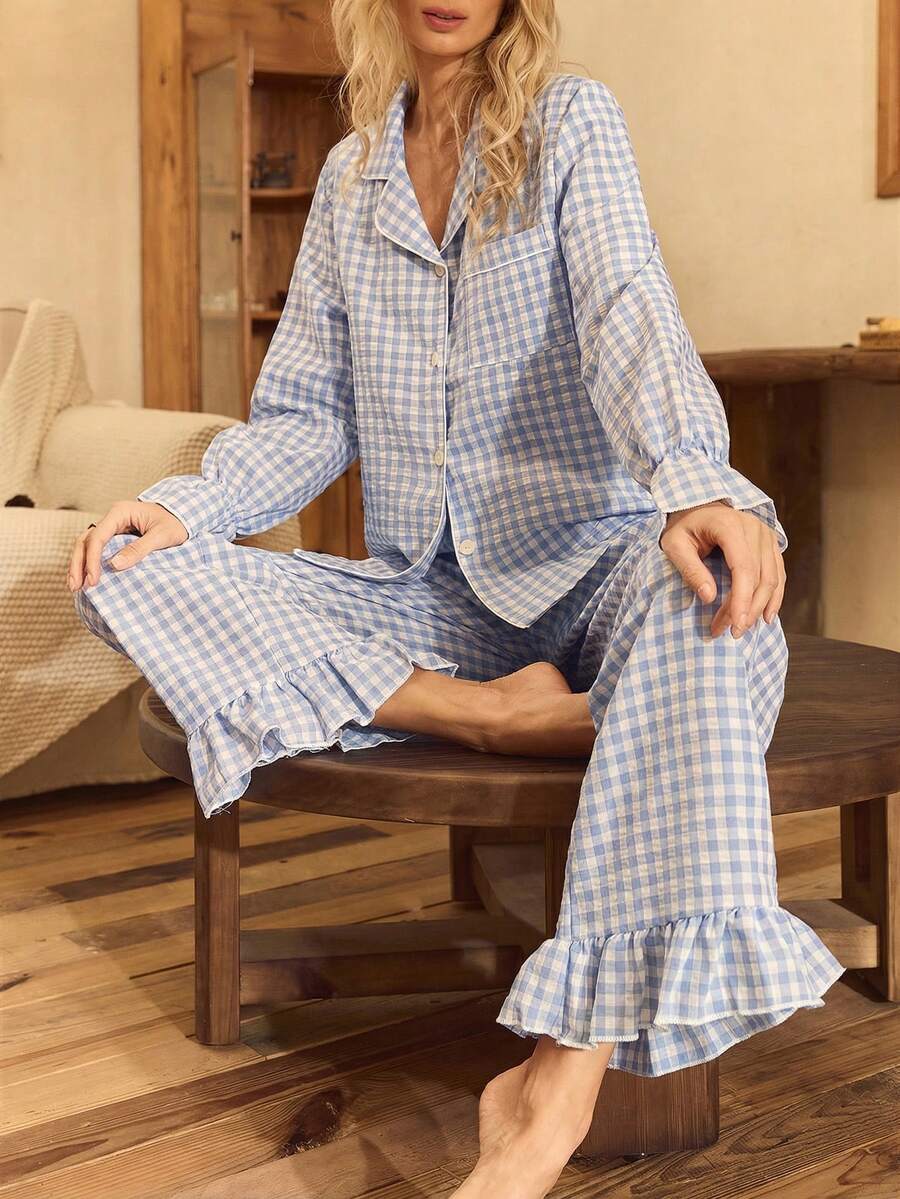 Lullawish Bohemian Style Printed Cotton Woven Lantern Sleeve Women Pajama Set - Blue and White - View 1