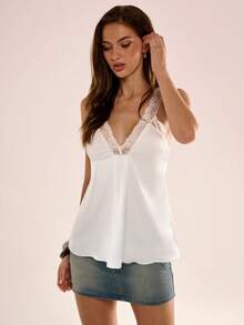 Avenya Women's Solid Color V-Neck Lace Trim Camisole - White - View 4