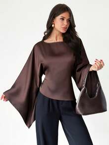 Firerie Women's New Elegant Romantic Casual Urban Commute Elegant Fashion Versatile Coffee Brown Round Neck Batwing Long Sleeve Tie-Waist Irregular Hem Regular Fit Blouse, Suitable For Teachers, Autumn/Winter/Spring - Brown - View 5