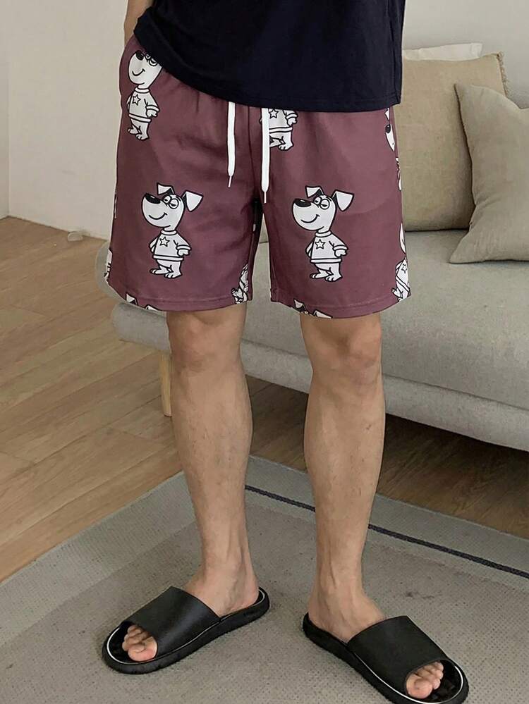 Men's Floral Dog Print Elastic Waist Shorts, Summer Loungewear