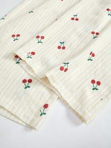 SHEIN ChillGRL 春夏少女街头风宽松甜美可爱条纹樱桃印花蝴蝶结装饰荷叶边下摆上衣搭配蝴蝶结阔腿短裤套装，适合日常、通勤、休闲、度假、朋友聚会、街头风等场合。 - 杏色 - 查看 5