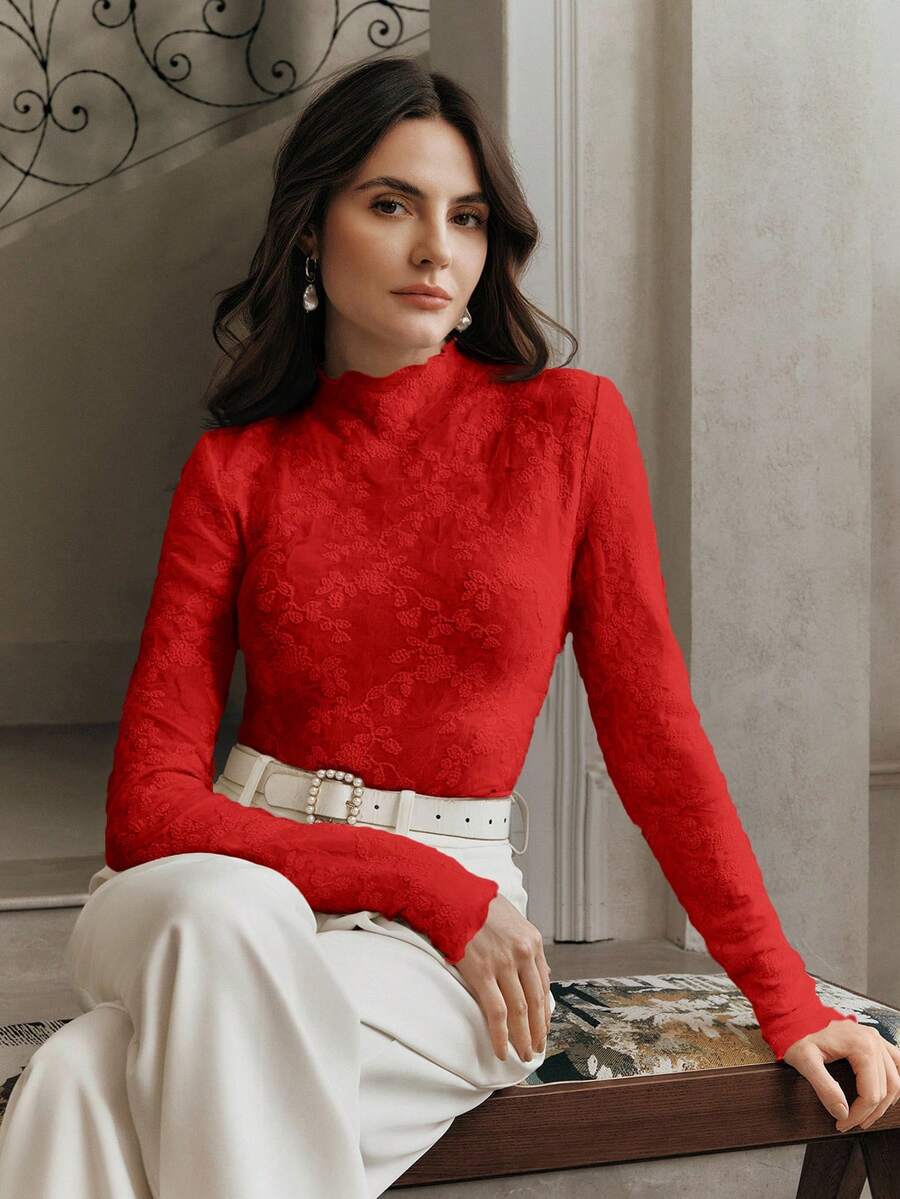 Anewsta Women's Mandarin Collar Fitted Ruched Lace Long Sleeve Blouse, Versatile Layering Top - Red - View 1