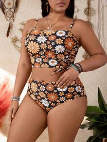 Swim Vcay Plus Size Tankini Swimwear With Printed Pattern, European & American Style Resort Collection - Multicolor - View 4