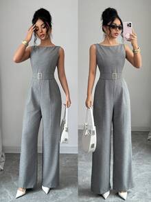 Rafferiza 法式浪漫无袖高腰带光滑面料金属扣装饰阔腿直筒女式连体裤女士夏季服装女士办公服装外出服装喇叭连体裤无袖连体裤裤装女士优雅连体裤女士连体裤 - 灰色 - 查看 2